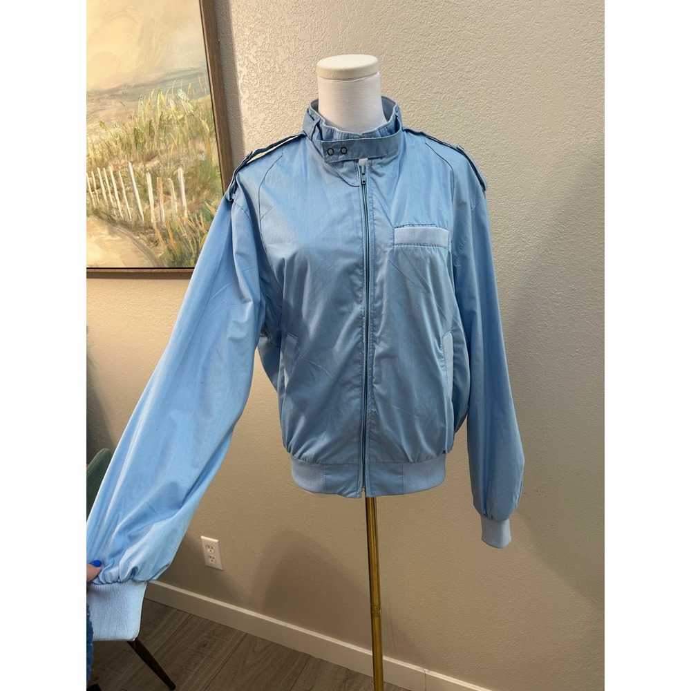 Vintage Light Blue Bomber Jacket Size 42 Full Zip Epaulettes Korea Made Retro S - Picture 2 of 7